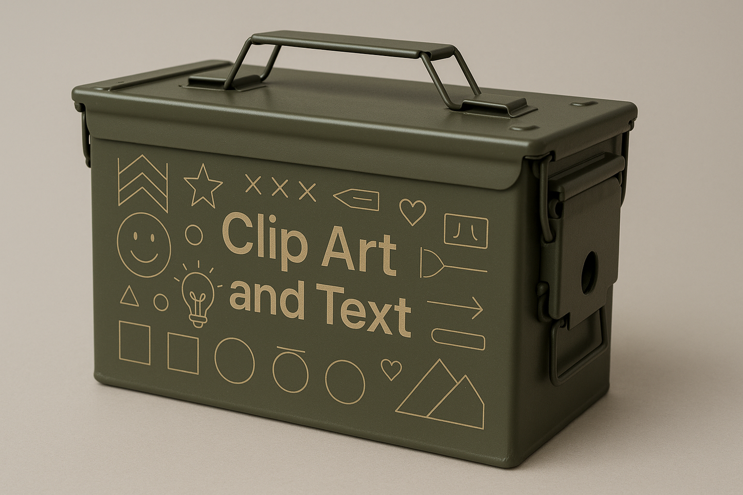 a 50mm ammo can that has some custom etching on the side using simple lines and a title that says Clip Art and Text